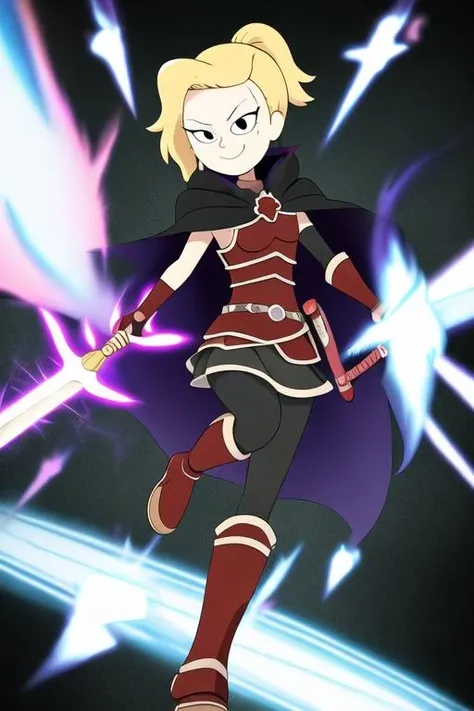 <lora:sasha_waybright:0.7> sasha_waybright, 1girl, solo, looking at viewer, black eyes, dot pupils, blonde hair, ponytail, armor, cape, sword, skirt, boots, medium hair, smile, delicated ilumination,