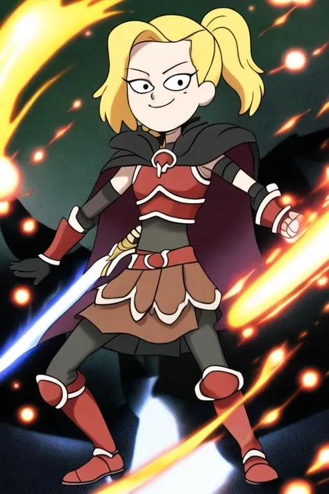 <lora:sasha_waybright:0.7> sasha_waybright, 1girl, solo, looking at viewer, black eyes, dot pupils, blonde hair, ponytail, armor, cape, sword, skirt, boots, medium hair, smile, delicated ilumination,