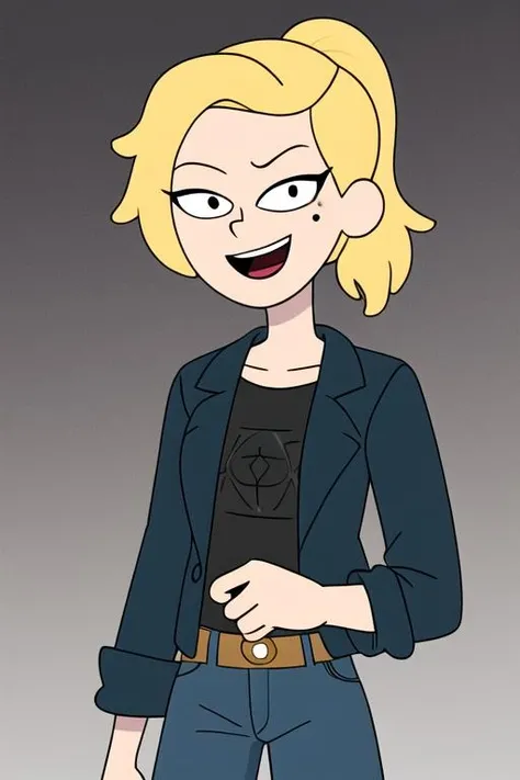 <lora:sasha_waybright:0.7> sasha_waybright, 1girl, solo, looking at viewer, black eyes, dot pupils, smile, open mouth, blonde hair, ponytail, black shirt, jeans, upper body, jacket,