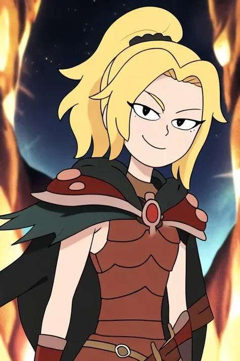 <lora:sasha_waybright:0.7> sasha_waybright, 1girl, solo, looking at viewer, black eyes, dot pupils, blonde hair, ponytail, armor, cape, sword, medium hair, smile, delicated ilumination,upper body,