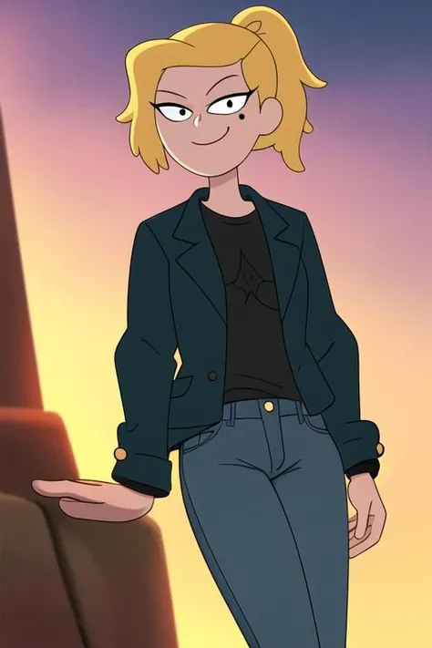 <lora:sasha_waybright:0.7> sasha_waybright, 1girl, solo, looking at viewer, black eyes, dot pupils, mole under eye, smile, blonde hair, ponytail, black shirt, jeans, jacket, outdoors,