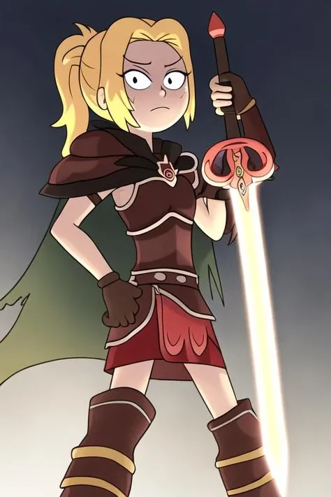 <lora:sasha_waybright:0.7> sasha_waybright, 1girl, solo, looking at viewer, black eyes, dot pupils, blonde hair, ponytail, armor, cape, sword, skirt, boots, medium hair,