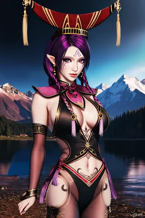 <lora:DaJi-10V3:1> DaJi, purple hair, facial mark, pointy ears, purple eyes, twin braids, earrings, jewelry ,thigh-highs, black thong, detached sleeves, see-through attire, cleavage cutout, hat with tassel, neck collar
masterpiece, best quality, absurdres, mountains, battlefield, night, upper body, looking at viewer