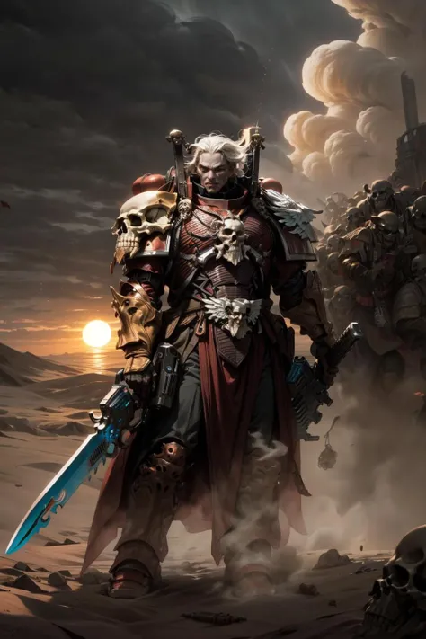 cowboy shot, photo of a mephiston, tall stature, long hari, white hair, wearing full armor, skull ornaments, half-tabard, glowing eyes, armor, skull pauldron, gold detail armor, armor detail, metal trimmings, gun, holding sword, dual wielding,
battle, army, firing, holding gun, multipleboys,
standing by desert storm, sandstorm, dune, dark ambiance, ((dawn:1.2)), dim sun light, <lora:tool - add_detail:0.6> <lora:MEPHISTON MK1.5 by CARAXES:0.7>