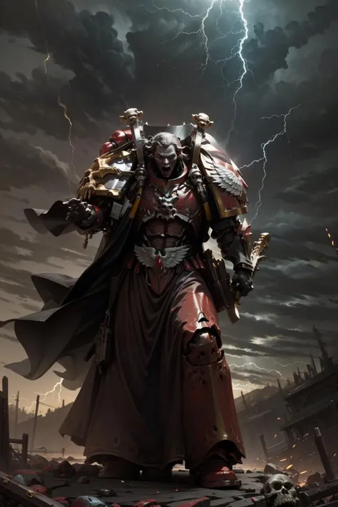 highquality, masterpiece, perfect anatomy, perfect fingers, mephiston, wearing full armor, red armor, glowing eyes, armor details, gold detail armor, armor detail, metal trimmings, sword, book, skull pauldron, cape,
aura, magic, lightning magic, casting spell, hand raised, reaching out casting lightning magic, rage, open mouth, cybernetic attachment, holding sword on his right hand, mechanical wings,
standing by heavy thunder storm, ominous, dune, dark ambiance, ((thunder storm, battle, action shot:1.2)), midnight, horror ambiance, <lora:MEPHISTON MK1.5 by CARAXES:0.8>