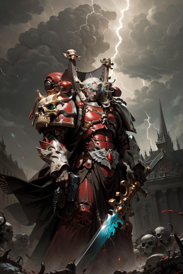 A painting of a man with a sword and a skull on his shoulder - SeaArt AI