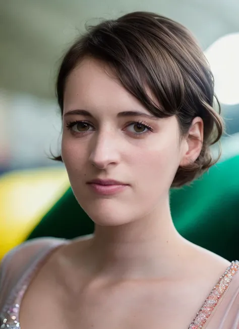 portrait of skswoman, frightened , wearing silk , with green Blunt haircut , background bouncy castle epic (photo, studio lighting, hard light, sony a7, 50 mm, matte skin, pores, colors, hyperdetailed, hyperrealistic), <lyco:Phoebe Waller-BridgeV3:1.2>