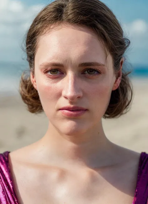 portrait of skswoman, wearing designer wear , background beach , epic (photo, studio lighting, hard light, sony a7, 50 mm, matte skin, pores, colors, hyperdetailed, hyperrealistic), <lyco:Phoebe Waller-BridgeV3:1.2>