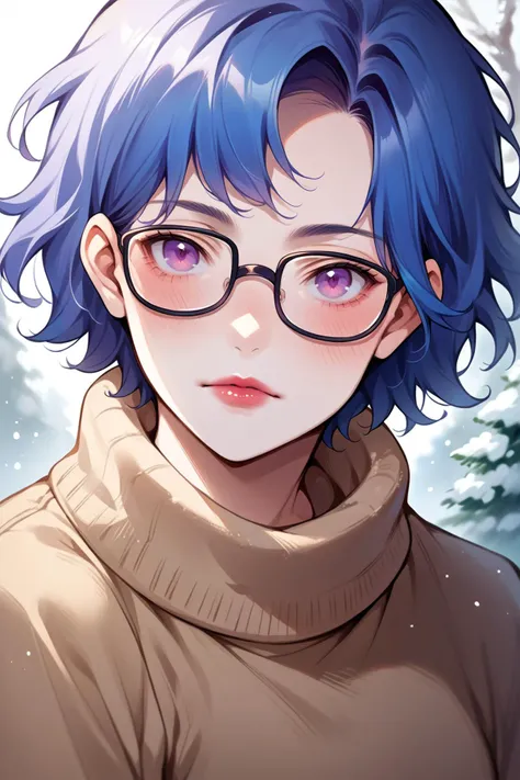 score_9, score_8_up, score_7_up, source_anime, 1girl, solo, <lora:NSEmilyStardew:1> NSEmilyMisc, blue hair, purple eyes, lipstick, short hair, close-up, glasses, brown sweater, pale skin, blush, looking at the viewer, snow