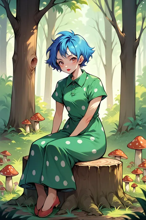 score_9, score_8_up, score_7_up, source_anime, 1girl, solo, <lora:NSEmilyStardew:1>NSEmilyMisc, blue hair, lipstick, short hair, green dress, polka dots, forest, sitting, stump, sitting on stump, mushrooms