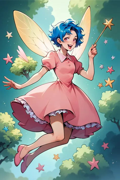 score_9, score_8_up, score_7_up, source_anime, 1girl, solo, <lora:NSEmilyStardew:1>NSEmilyMisc, blue hair, lipstick, short hair, fairy, flying, frilled dress, pink dress, puffy sleeves, flying, happy, wand