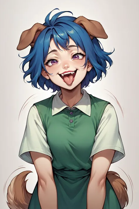 score_9, score_8_up, score_7_up, source_anime, 1girl, solo, <lora:NSEmilyStardew:1> NSEmilyMisc, blue hair, purple eyes, lipstick, short hair, dog ears, floppy ears, dog girl, tongue out, wagging tail, motion lines, happy, fang, green blouse