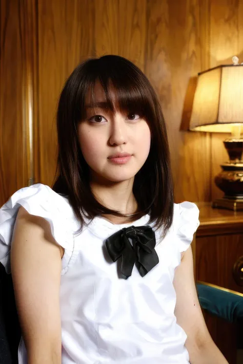 masterpiece,beautiful,extremely detailed,(ultra high res),(8k UHD best quality), (realistic, photo-realistic:1.37), depth_of,field, blurry_background, photo_inset,Dramatic lighting,reference_inset,photo_background,black eyes,photorealistic,looking_at_viewer,1girl,shiny skin,detailed skin,hide the chest,(((black ribbon))),(((white blouse))),luxury mansion room,mika<lora:mika sawano:1>
