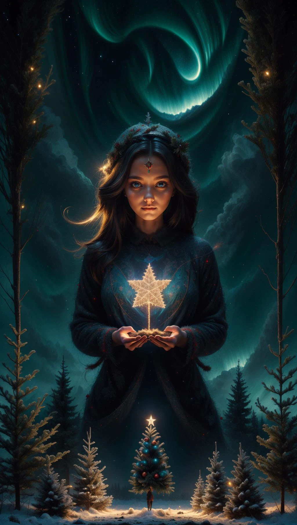 masterpiece,best quality,ultra high res,visually stunning,beautiful,(abstract art:1.3),1girl,sorceress,dark theme,(wearing christmas clothes,magic in the air),<lora:EnvyFantasyMix05:0.8>,<lora:aurora-style-richy-v1:0.8>,