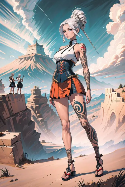 (masterpiece, best_quality, ultra-detailed, immaculate:1.3), epic, illustration, Japanese ,desert renegade lord , , short skirt, leg tattoos, tattoos,platinum hair, Finger Waves,twin drills, (african, dark skin:0.6), full body, , on a cliff, at a campsite, bombshell hair, white hair, Braided Updo,drill hair, balancing<lora:EnvyFantasyMix05:1>
