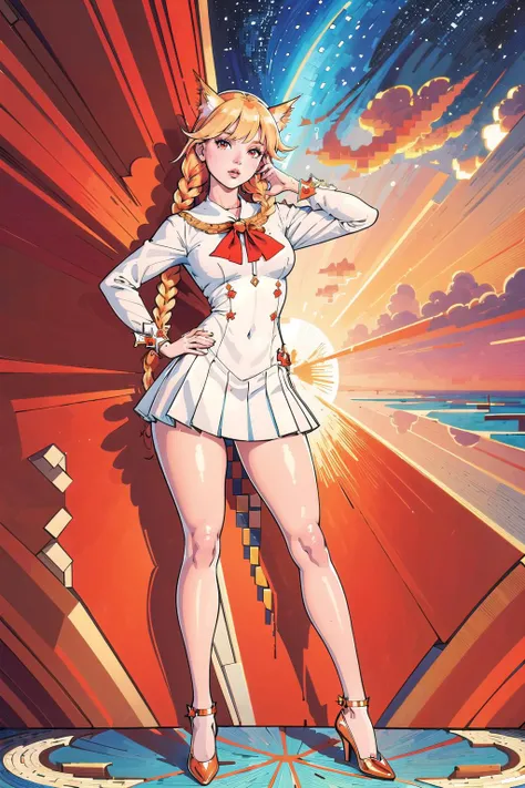 multiple girls, (masterpiece, best_quality, ultra-detailed, immaculate:1.3), epic, illustration, 1girl, (mosaic-like Pretty preppy:1.3) cute catgirl, full body, [:wild costume design,:0.2], official art, albino, soft red-orange lighting , in a mid-century, religious European town, bombshell hair, blonde hair, Feather Braid,bombshell hair, spread legs<lora:EnvyFantasyMix05:1>