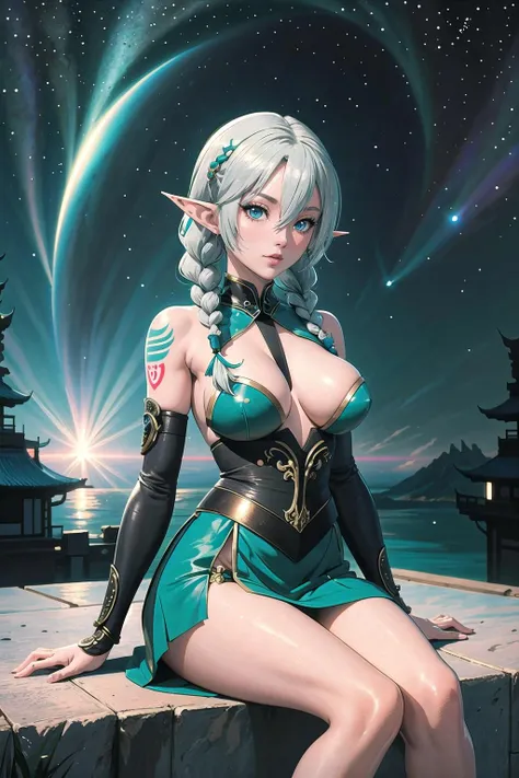 (masterpiece, best_quality, ultra-detailed, immaculate:1.3), epic, illustration, elf ,cyberpunk kunoichi lord villainess, , short skirt, leg tattoos, tattoos,vivid blue-green hair, hair over one eye, japanese, moonlit night, in Paris ("at the endless Citadel, Lens flare":1.2), in a Icelandic, radioactive bedroom, bombshell hair, light silver hair, twin braids, figure four sitting<lora:EnvyFantasyMix05:1>