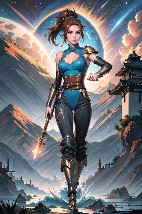 (masterpiece, best_quality, ultra-detailed, immaculate:1.3), epic, illustration, rough digital painting, (full body:1.2), 1girl, solo, [:epic costume design,:0.2] warrior, shiny blue-grey silk trousers, chinese, bombshell copper hair, Hip Length Hair, (bulky:1) build, old, simple background, rpg character concept art, on a gothic, interstellar hill in Kyoto, bombshell hair, brown hair, ponytail, \o/<lora:EnvyFantasyMix05:1>