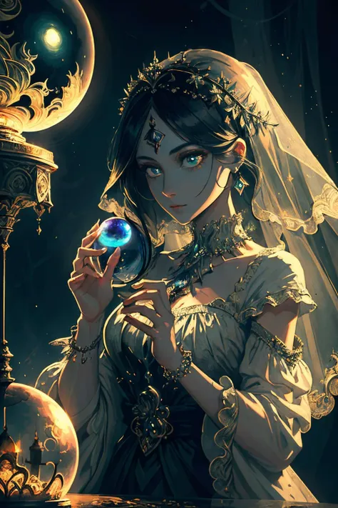 (masterpiece, best_quality, ultra-detailed, immaculate:1.3), epic, illustration, the mysterious enchantress gazes into her crystal ball. <lora:envyfantasymix05-envy_fantasy_mix_05_-_v1.0:0.3>, <lora:realistic_quality-realistic_quality_leco_-_v1.0:0.7>