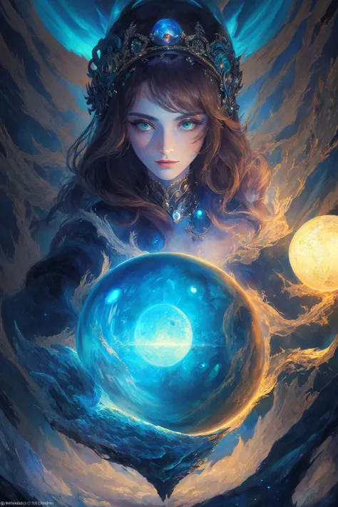 (masterpiece, best_quality, ultra-detailed, immaculate:1.3), epic, illustration, the mysterious enchantress gazes into her crystal ball. <lora:envyfantasymix05-envy_fantasy_mix_05_-_v1.0:0.7>