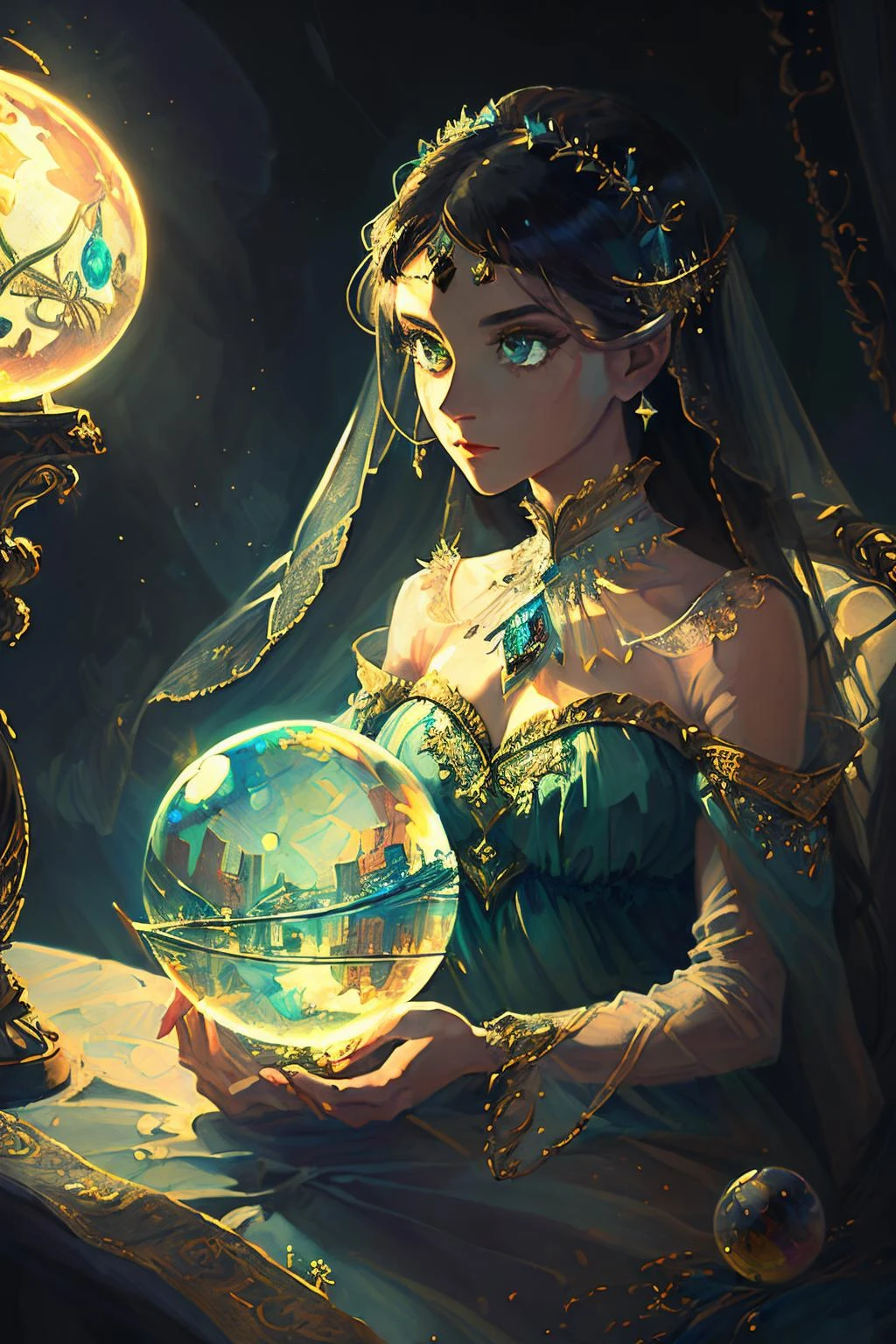 (masterpiece, best_quality, ultra-detailed, immaculate:1.3), epic, illustration, the mysterious enchantress gazes into her crystal ball. <lora:envyfantasymix05-envy_fantasy_mix_05_-_v1.0:0.7> ., <lora:realistic_quality-realistic_quality_leco_-_v1.0:0.7>