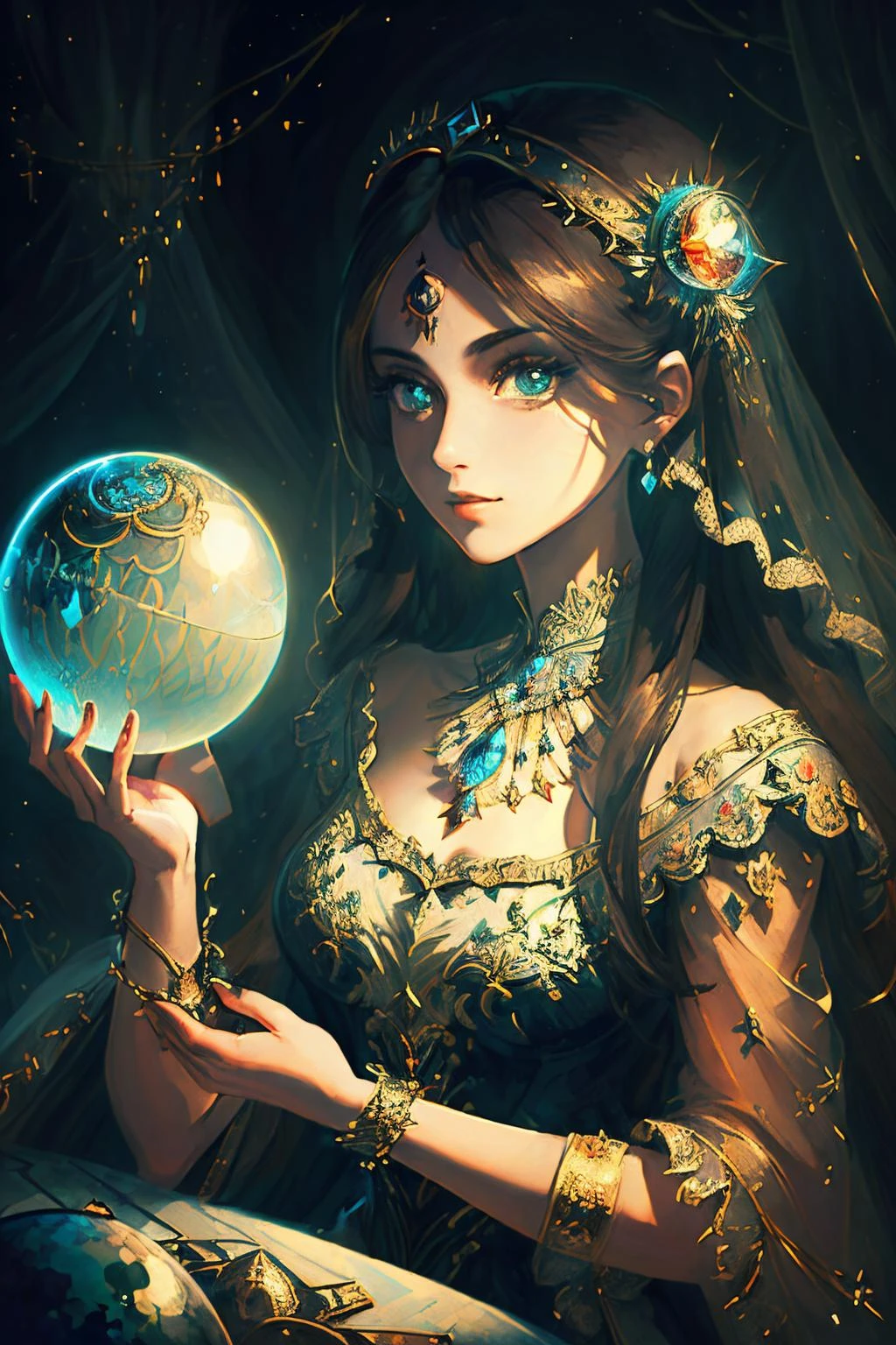 (masterpiece, best_quality, ultra-detailed, immaculate:1.3), epic, illustration, the mysterious enchantress gazes into her crystal ball. <lora:envyfantasymix05-envy_fantasy_mix_05_-_v1.0:0.7> ., <lora:realistic_quality-realistic_quality_leco_-_v1.0:0.7>
