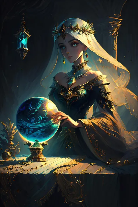 (masterpiece, best_quality, ultra-detailed, immaculate:1.3), epic, illustration, the mysterious enchantress gazes into her crystal ball. <lora:envyfantasymix05-envy_fantasy_mix_05_-_v1.0:0.7> ., <lora:realistic_quality-realistic_quality_leco_-_v1.0:0.7>