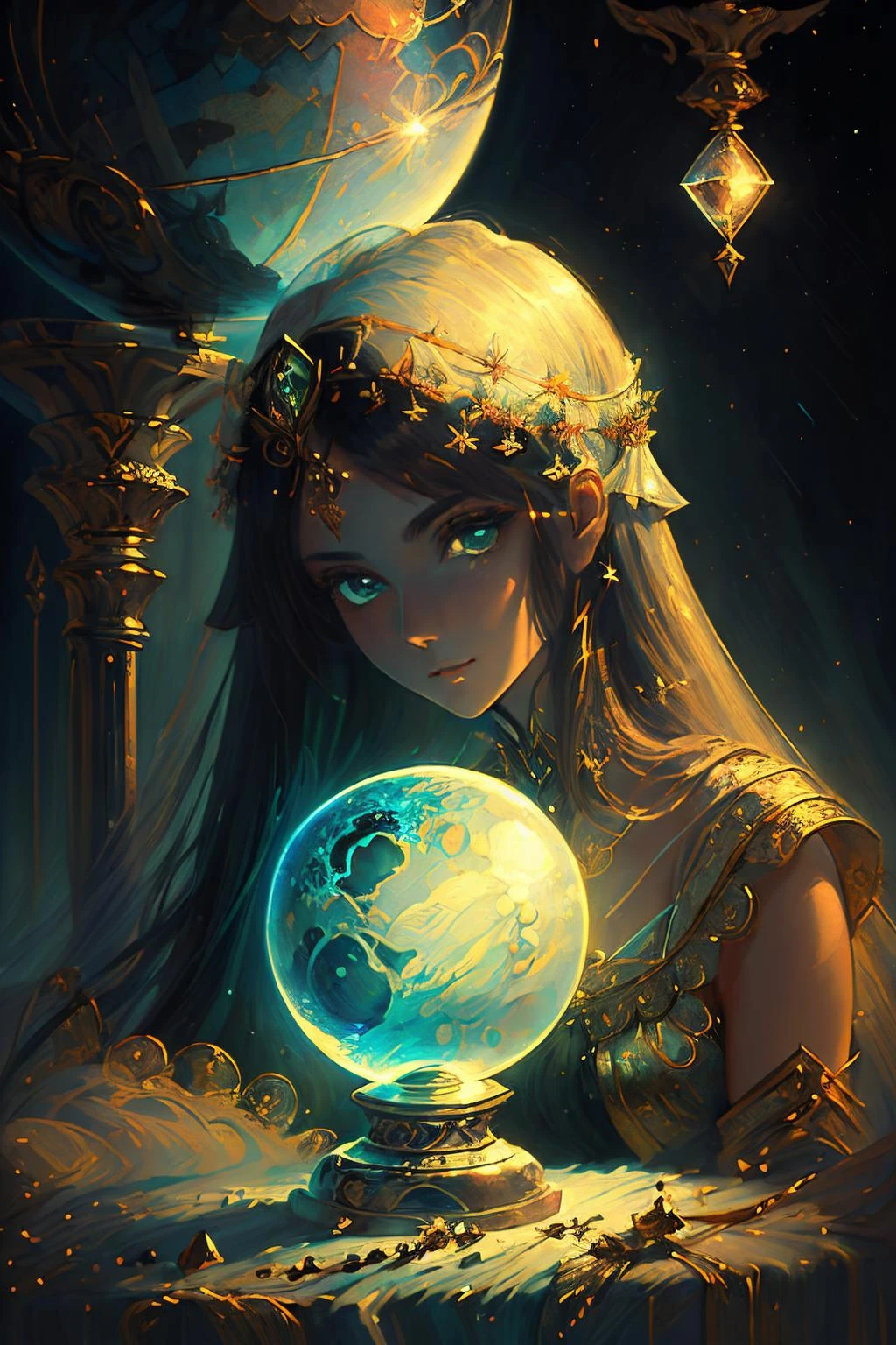 (masterpiece, best_quality, ultra-detailed, immaculate:1.3), epic, illustration, the mysterious enchantress gazes into her crystal ball. <lora:envyfantasymix05-envy_fantasy_mix_05_-_v1.0:0.7> ., <lora:realistic_quality-realistic_quality_leco_-_v1.0:0.7>