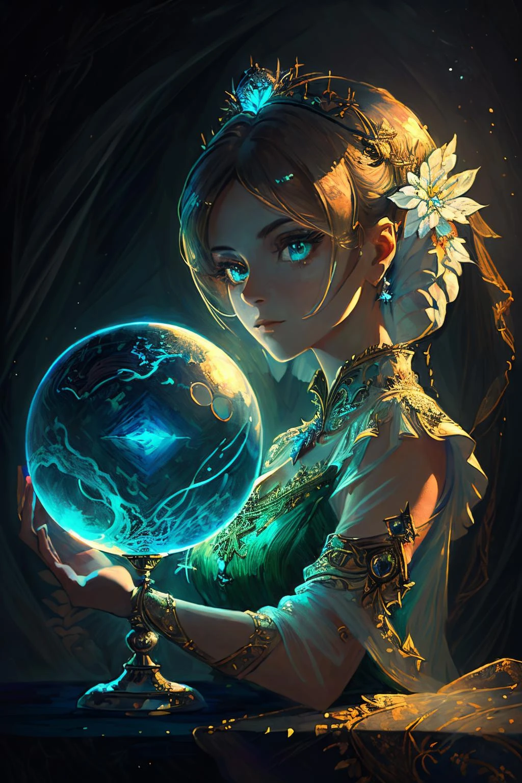 (masterpiece, best_quality, ultra-detailed, immaculate:1.3), epic, illustration, the mysterious enchantress gazes into her crystal ball. <lora:envyfantasymix05-envy_fantasy_mix_05_-_v1.0:0.7> ., <lora:realistic_quality-realistic_quality_leco_-_v1.0:0.7>