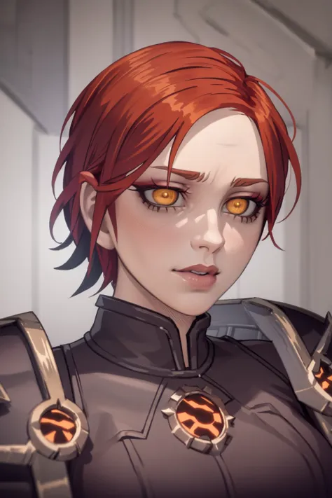 masterpiece, best quality, assumi, 1girl, solo, red hair, parted short hair, yellow eyes, makeup, lips, warlock shoulders, armor, spicky  <lora:VanripArt_08:0.8>