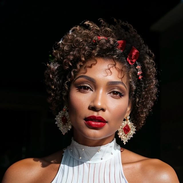 <lora:FranciellePimenta:0.8>francielle, a woman with a brown afro wearing a white dress and earrings and a red lipstick, (closeup photo), (perfect face), bokeh, 135mm, 8k, super detail, ccurate, best quality