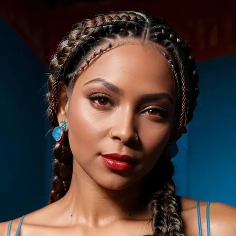 <lora:FranciellePimenta:0.8>francielle, a woman with long braids wearing a blue dress and a red background with a red wall, (closeup photo), (perfect face), bokeh, 135mm, 8k, super detail, ccurate, best quality
