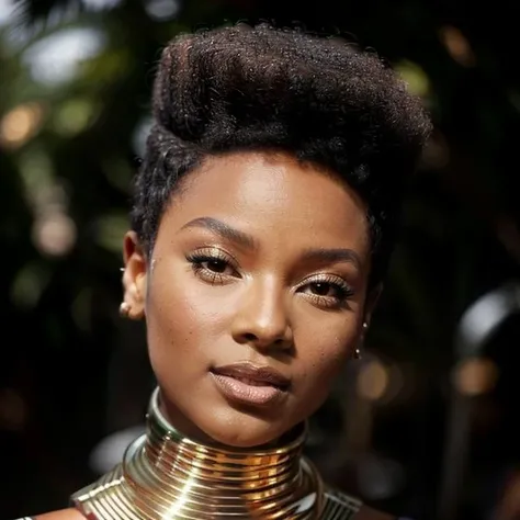 <lora:CarolAmaral:0.8>carolamaral, a woman with a short afro haircut and a golden egyptian choker on her neck, (closeup photo), (perfect face), bokeh, 135mm, 8k, super detail, ccurate, best quality