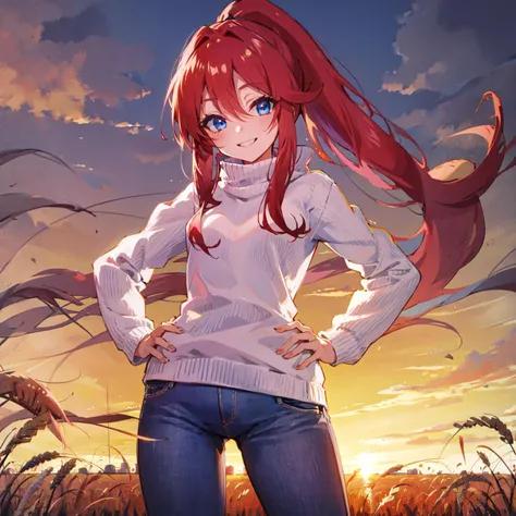 <lora:Unlovely_-_Happiness_Charge_Precure_v2.1-epoch16:1>, (red high ponytail, blue eyes), white sweater, jeans, smile, sunset wheat fields, hands on hips