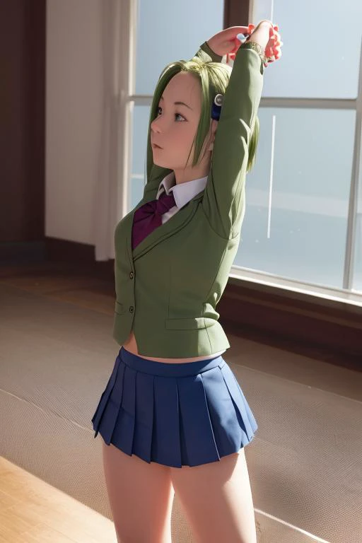 1girl, solo, short hair, green hair, blue eyes, hair clip, school uniform, pleated skirt, cammy stretch \(meme\), stretching, arms up, <lora:cammyStretchMeme_v10:1>