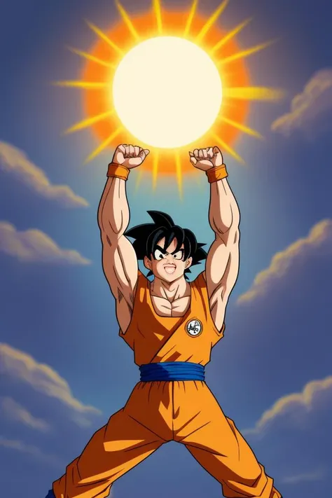son goku, arms up, holding sun over head, cammy stretch \(meme\), <lora:Cammy_Stretch_(meme):1.00>, highres, masterpiece
