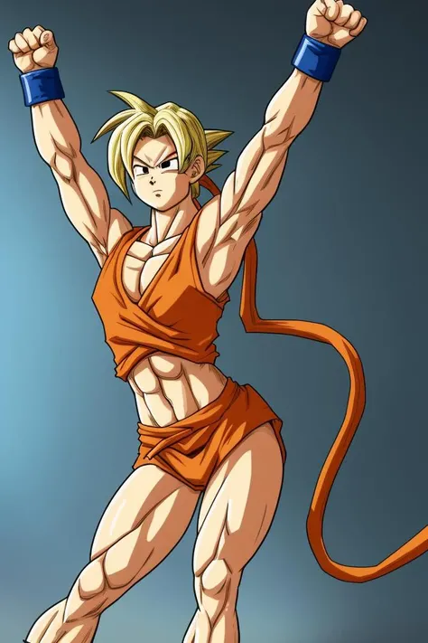 son goku, arms up, cammy stretch \(meme\), <lora:Cammy_Stretch_(meme):1.00>, highres, masterpiece