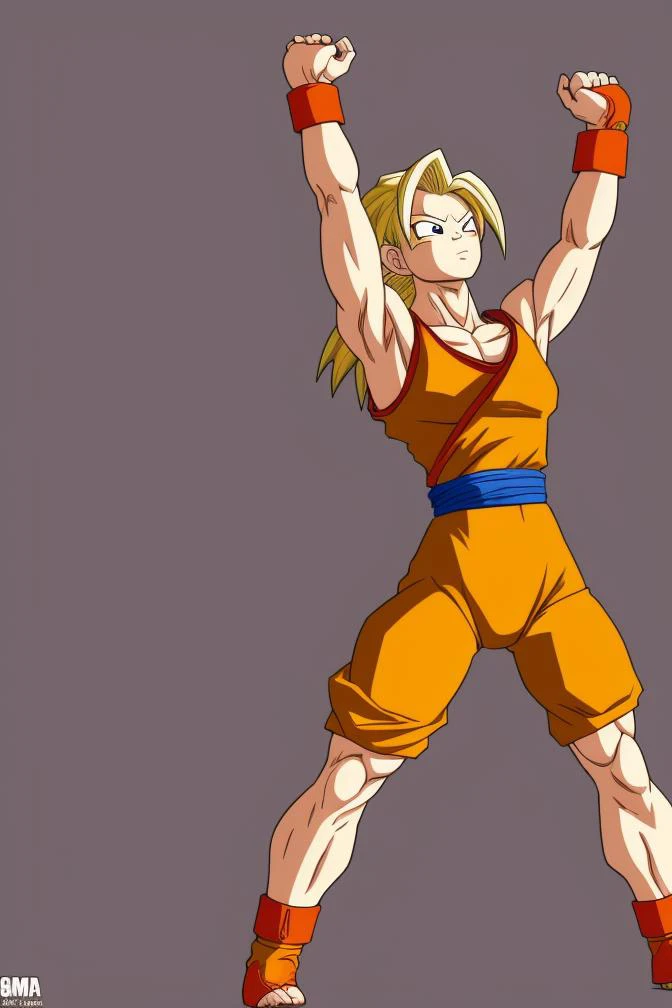 son goku, arms up, cammy stretch \(meme\), <lora:Cammy_Stretch_(meme):1.00>, highres, masterpiece