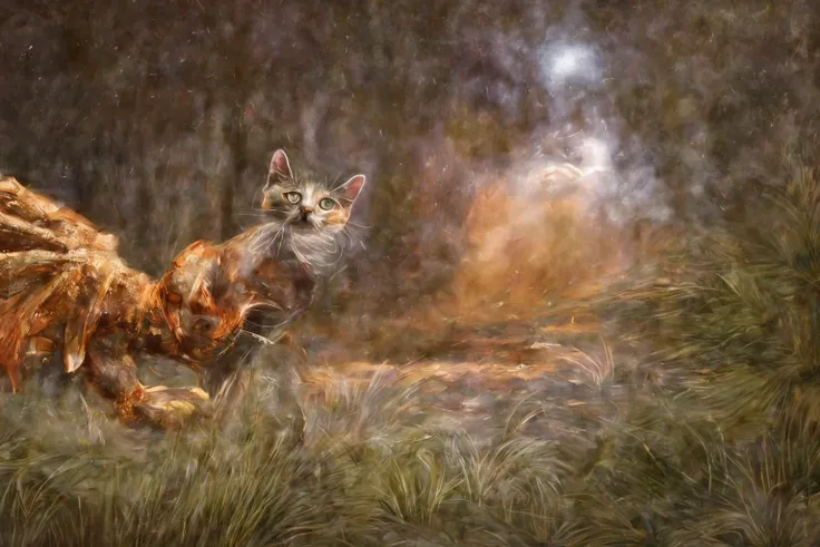 (RAW photo, 8k uhd, Analog style, Masterpiece, Best Quality, Highres:1.4), (dramatic, cinematic:1.2), BREAK,
shot of hyperdetailed (cat headed:1.35) (dragon:1.3), ((dragon:cat:0.77):1.15), (glowing:1.2) (scales:1.1), (tail:1.0), golden eyes, green (armor:1.25), lying in the detailed ((magic:1.1) forest:1.1), (castle ruins:1.32), (overgrown:1.2), (hill:1.2), (roots:1.05), (mushrooms:1.27), (light particles:1.2), (glowing sparks:1.07), (green magic:1.1), (sunset:1.22), soft lighting, (campfire:1.03), (treasures:1.3), (from side:1.1), BREAK,
(photorealistic:1.2), (intricate:1.4), (light theme:1.4), (mysterious, fabulous, fantasy, mystical:1.3), (hyperdetailed, absurdres:1.2), (colorful:1.3), (no humans:1.4), (elegant:1.1), vertical pupils, (bat wings:1.2), (dragon wings, claws, spikes:1.15), (glowing ornament:1.2), (incredible, amazing:1.2), BREAK,
<lora:more_details:1>,
<lora:zoom_slider_v1:2.38>