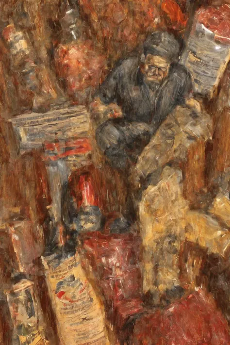 (RAW photo, 8k uhd, Analog style, Masterpiece, Best Quality, Highres:1.4), (dramatic, cinematic:1.2), BREAK,
shot of (60 yo:1.2) (old man:1.3) (Michael Rooker:1.1) (sitting:1.2) at a (rough wooden:1.1) (desk:1.2), (writing:1.27) something on piece of paper, holding pen, (tired face:1.2), (wrinkles:1.1), (stubble:1.25), grey eyes, shabby (dirty red:1.1) (unbuttoned plaid shirt:1.2), (lowered head:1.2), (messy hair:1.1), frown, (writer:1.1), (tired depressed frustrated expression:1.2), BREAK,
(dark (dirty old messy room:1.2), (scattered things books papers, shelves, dirty dishes and mugs, turned off television:1.15), (kerosene lamp:1.25), (Christmas tree:1.25), (old photos on the shelf:1.3), (whiskey bottles:1.2), grey (torn stripped wallpaper:1.1), (dark night:1.25), (night window:1.1), (torn curtains:0.7), light particles, dust, creepy deep shadows:1.1), (depressive hopeless eerie atmosphere:1.2), (slums, ghetto:1.1), BREAK,
(photorealistic:1.3), (rough details, (male focus:1.1):1.2), (desaturated, cold lighting:1.3), (vintage:1.2), (hyperdetailed, absurdres:1.2), (Clutter-Home:0.9), BREAK,
<lora:more_details:1.0>,
<lora:zoom_slider_v1:2.0>,