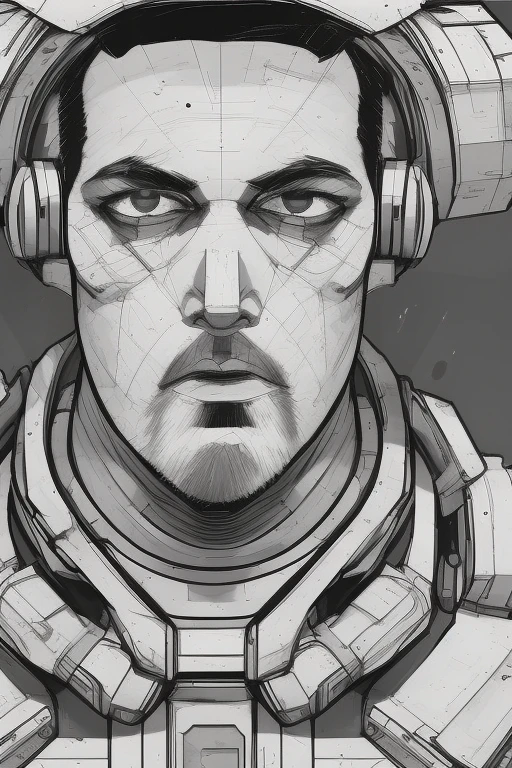 rugged space trucker, inside industrial spaceship, futuristic science fiction, Space Opera, sinuous White and Asian middle-aged man, pink lined skin, brown buzzcut hair, green eyes, action scene, digital concept art, realistic, intricate detailed textures, filmic, cinematic, environmental character portrait, High definition, 4K, 8K, 64K, evang, monochrome