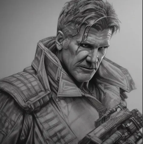 photorealistic, highly detailed, Stunning Sci-Fi portrait of Harrison ford holding a gun and dressed brown Trench Coat with a tie from blade runner, octane render, epic ambiant light, very dark lighting