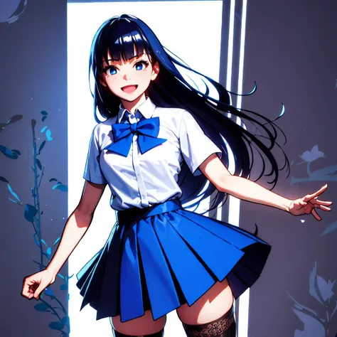 masterpiece, best quality, photorealistic, 3D, shiny_skin, shiny_hair, dynamic angle, beautiful detailed glow, HDR, Rembrandt lighting, colorful refraction, lens flare, bloom, film Reflection, chromatic aberration, light diffusion, public indecency, cowboy shot, deep meaning, physically-based rendering, bright, vibrant, intricate, 1girl,fuji aoi,<lora:fuji aoi:1.0>,1girl, blue eyes, thighhighs, skirt, long hair, hair ornament, open mouth, smile, shirt, school uniform, blue skirt, blue hair, loafers, bow, white shirt, pleated skirt, shoes, white thighhighs, bangs, petals, solo, :d, short sleeves, looking at viewer, brown footwear, blue bow, blunt bangs, one side up, zettai ryouiki, standing