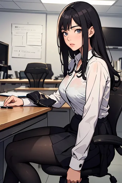 (masterpiece, best quality), a young black haired girl office secretary dressed in a transparent white blouse and black office skirt and black pantyhose ,sitting in an office chair, holding pencil, (detailed skin:1.3),(detailed eyes), (sharp focus),