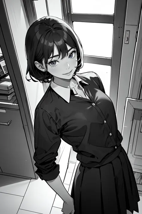 masterpiece, best quality,1girl,smile,storage room,collared_shirt and flared_skirt as material3,upper body,flat color, greyscale,slightly above