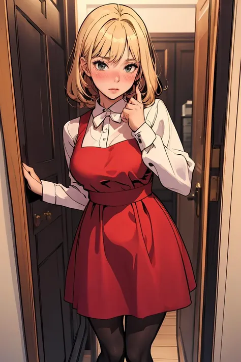 (masterpiece, best quality), 1girl, blonde hair, red dress, pantyhose, cute face, blush,