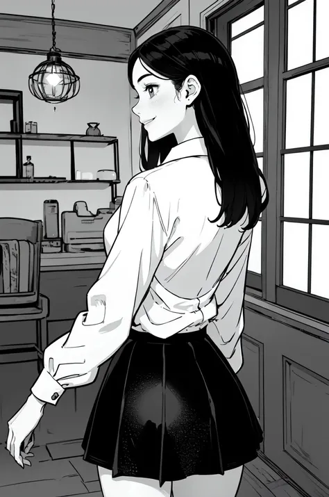 masterpiece, best quality,1girl,smile,conservatory,collared_shirt and flared_skirt as material3,upper body,flat color, greyscale with colored background,back view