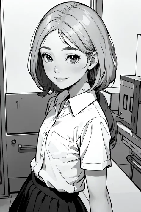 masterpiece, best quality,1girl,smile,office,collared_shirt and flared_skirt as material3,upper body,flat color, greyscale with colored background,top down view