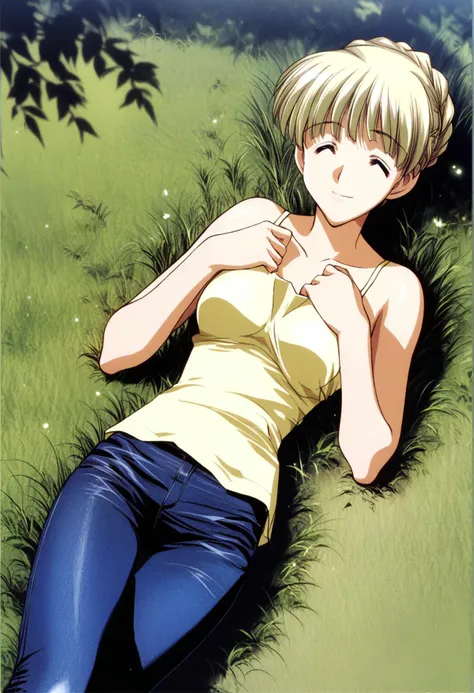 <lora:sarah_adiemus_ponyxl_v2:1>, sadiemus, solo, blonde hair, short hair, braided bun, french braid, single hair bun,
from above, lying, on grass, high grass, tall grass, smile, closed eyes,
capri pants, blue pants, yellow camisole,
score_9, score_8_up, score_7_up, score_6_up, anime coloring, official art, uncensored, <lora:UrushiharaSatoshi_XL_PONY_V2:0.4>, high quality, detailed, beautiful, outstanding