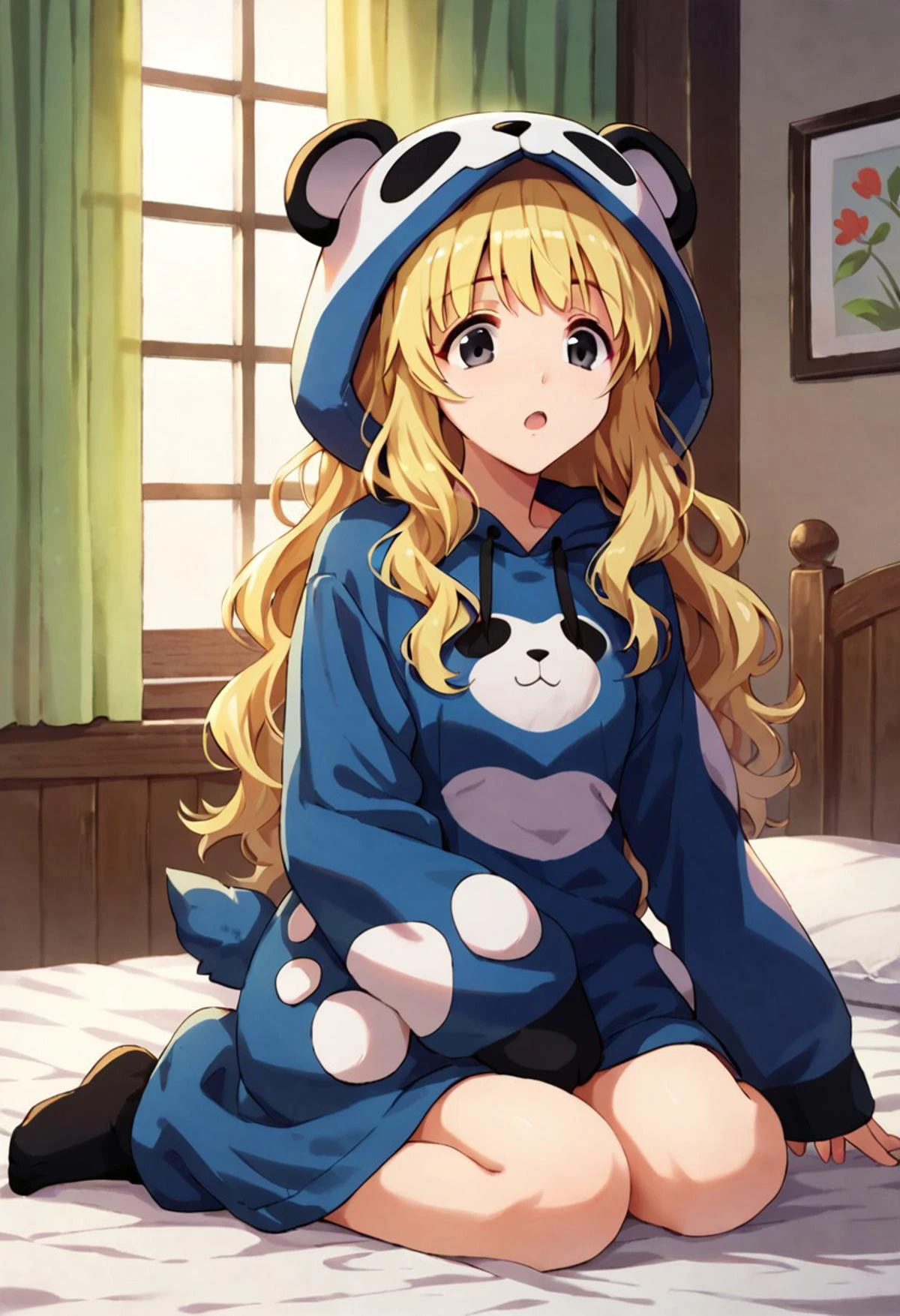 <lora:sarah_adiemus_ponyxl_v2:1>, 1girl, sadiemus, solo, grey eyes, blonde hair, long hair, wavy hair, panda costume, standing, :o, open mouth, animal costume, panda hood, on bed, curtains, sitting, wariza, full body,, score_9, score_8_up, score_7_up, score_6_up, anime coloring,plushify, character stuffed toy, chibi